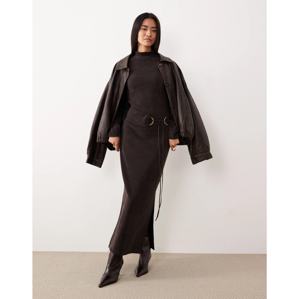 ASOS DESIGN high neck cord midi dress with hardware in chocolate in Brown